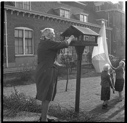 480-03 Hofje Vrouwe Groenevelt's Liefdegesticht aan de Vijverhofstraat in de Agniesebuurt. Een oudere dame legt voer in ...