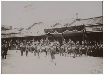 XXXIII-187-2 Paarden met ruiters in gereedheid voor het Maasstation ter gelegenheid van het bezoek van koningin ...
