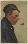 136 Portret van een pijprokende Gelderse boer, met pet en oorring.