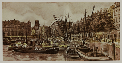 1971-534 Prent van de Oudehaven, met in de achtergrond Plan C, de Mosseltrap en de Roobrug aan de Oudehavenkade, in de ...