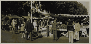 1973-1301 Mensen doen hun boodschappen bij de kraampjes op de markt op het Westnieuwland in de Stadsdriehoek.