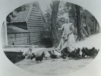 1973-1809 Mevrouw Roozenbeek tijdens het voeren van de kippen aan de Rusthoflaan.