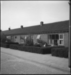 2098 Straat met noodwoningen, mogelijk in het Brabantse Dorp. Bewoners zitten te lezen in de voortuin.