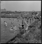 8438 Tijdelijke recreatie bij de Alblashaven in de Spaanse Polder. Kinderen zwemmen in het water, op de kade liggen ...