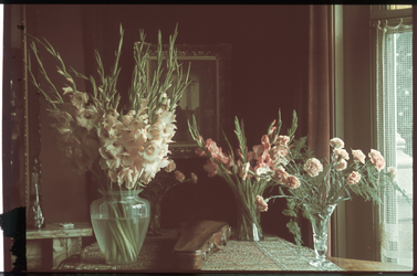 85 Het interieur van de woonkamer met vazen bloemen van de familie Boske.