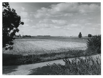 1971-1839 Overzicht van het polderlandschap met weilanden ten zuiden van de Charloisse Lagedijk. Op de achtergrond ...