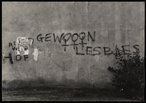 1978-3199-01 Opschrift op muur aan de Hofdijk: gewooon lesbies (waarbij de ooo met vrouwelijke symbolen). Hiernaast een ...