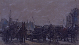 1968-563 Sleperspaarden en sleperswagens op het Oude Hoofdplein bij de Oudehaven, op de achtergrond rechts het Witte ...