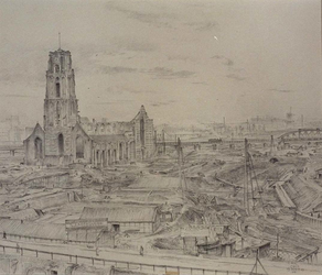 III-209 De verwoeste Grote Kerk met op de voorgrond de aanleg van de Leuvesluis, op de achtergrond het spoorwegviaduct, ...