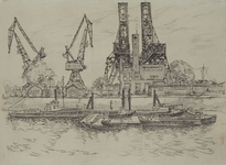 XIV-308-09 Gebouwen van de roeiersvereniging De Eendracht en kranen van Frans Swarttouw's Havenbedrijf aan de Waalhaven ...