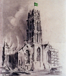XVIII-128-00-24-01 Gezicht op de beschadigde Grote- of St. Laurenskerk na het bombardement.Verwoesting 1940, herbouw 1947.