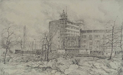 IX-1835-19 Gezicht op de Lombardkade met het grote flatgebouw aan de Goudsesingel hoek de Meent, uit het noordwesten.