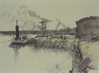 VII-460-24 Gezicht op de bouw van de kademuur langs de Rijnhaven, uit het westen.
