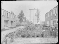 L-1447 Woningen met tuinen aan de Koornwaard. Op de achtergrond staan flatgebouwen.