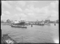 L-1916 De Rijnhaven met zeeschepen en binnenvaartschepen. Links op de voorgrond werken havenwerkers in het binnenruim ...