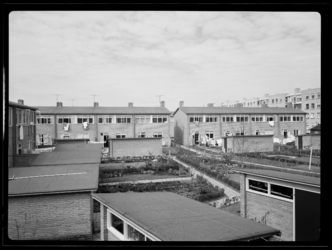L-4193 De achterzijde van eengezinswoningen met schuren en tuinen aan de Meyenhage in Zuidwijk.