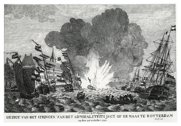 1969-132 Prent over de explosie aan boord van het Admiraliteitsjacht op de Maas bij Rotterdam.