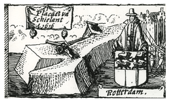 1969-2143 Een prent over de afkondiging van het plakkaat van Schieland door het hoogheemraadschap van Schieland.