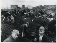 1977-3299 Kinderen zoeken naar kolen op een terrein bij de gasfabriek Kralingen in de omgeving van de Robert ...