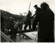1977-3897 Inwoners worden in veiligheid gebracht tijdens de watersnoodramp van 1953 in Zeeland en delen van Zuid-Holland.
