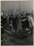 XXXIII-859 Mevrouw J.M. van Walsum-Quispel plant de eerste boom voor het Zuiderpark. Aanwezig zijn onder meer ingenieur ...