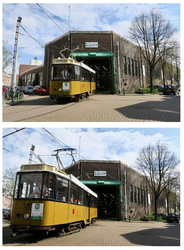 141 Een historische tram rijdt het trammuseum aan de remise Hillegersberg aan de Kootsekade uit.