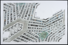 2 Een abstracte weergave van het Hilton Hotel aan het Weena. Deze tekening maakt onderdeel uit van een serie van 10 ...